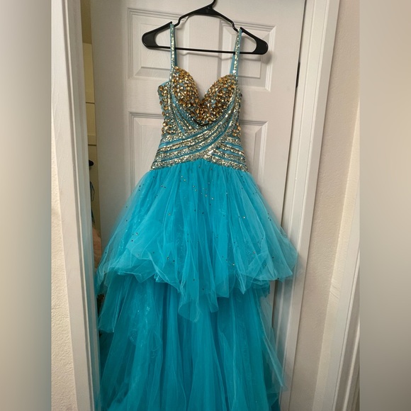 Sherri Hill high low jeweled dress blue gold - Picture 6 of 14